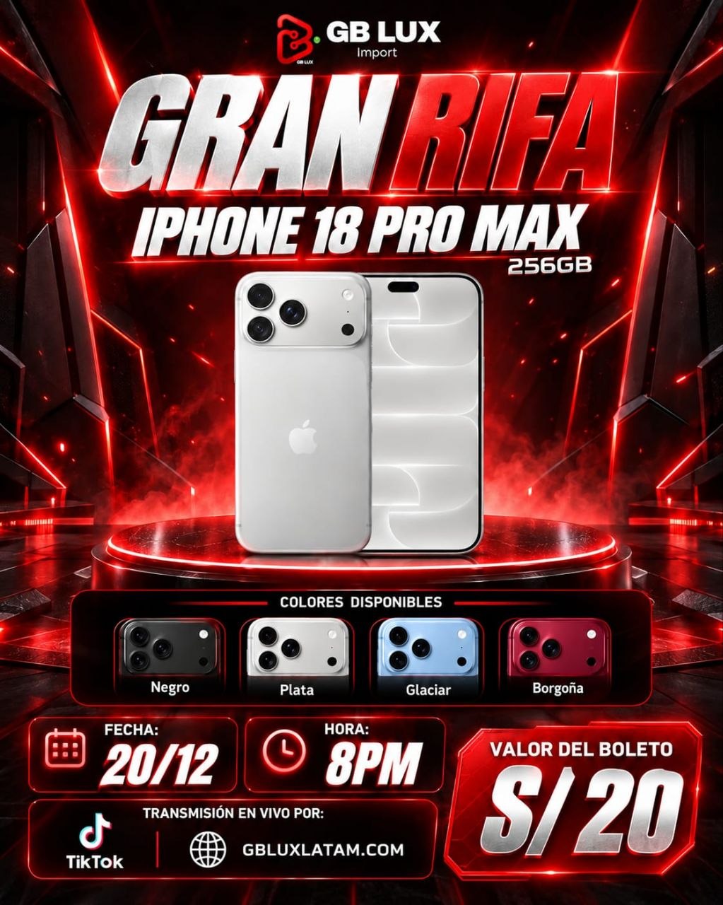 Gran rifa: iPhone 18 Pro Max 256GB. Boleto S/ 20, sorteo 20/12 a las 8PM en vivo por TikTok
